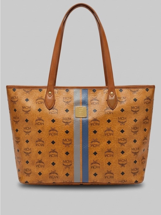 MCM Handbags - MCM Cognac Visetos Tote with Blue and Gray Center Stripe